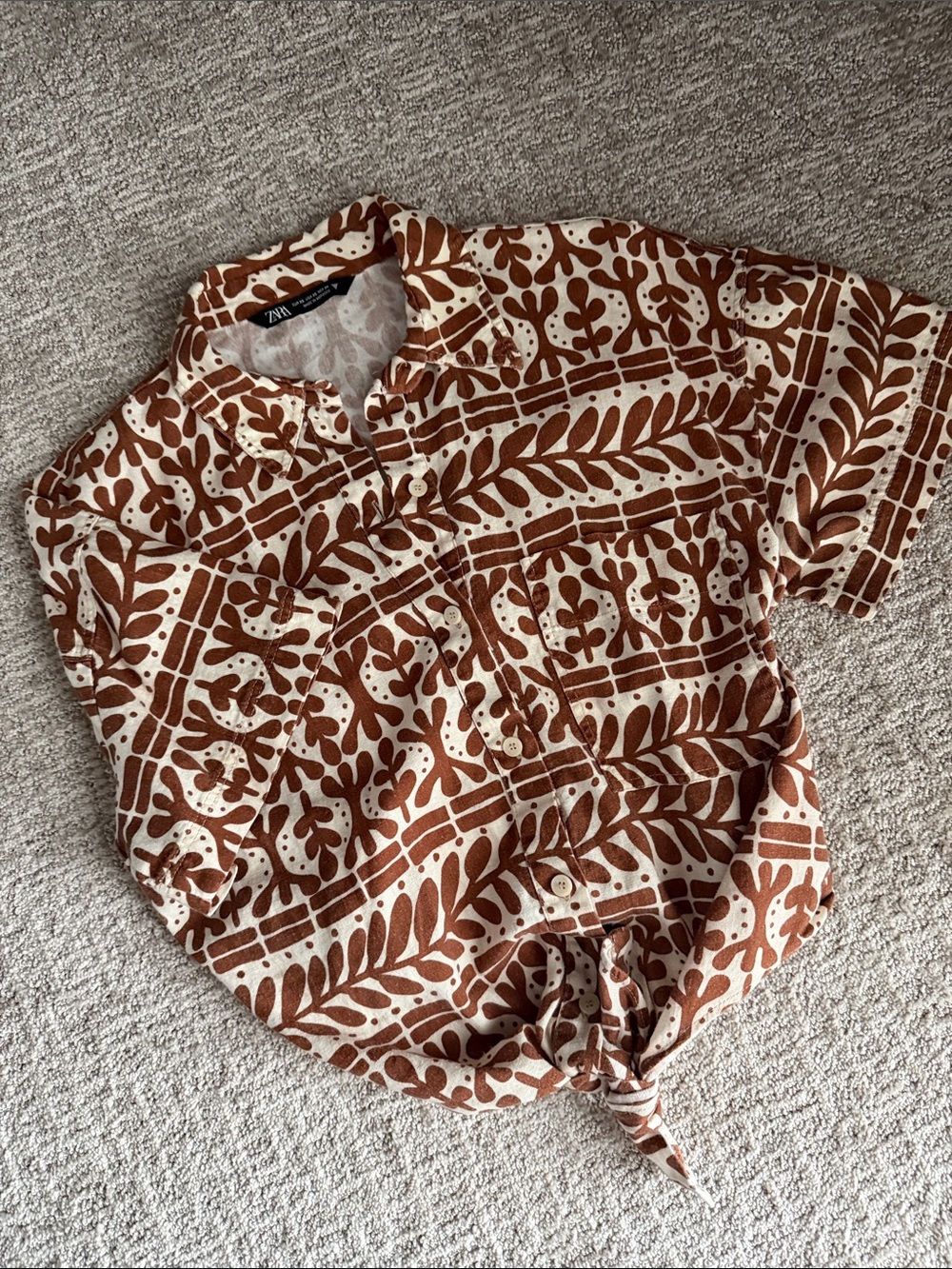 Zara rusty brown/cream linen blend Button-Up cropped top